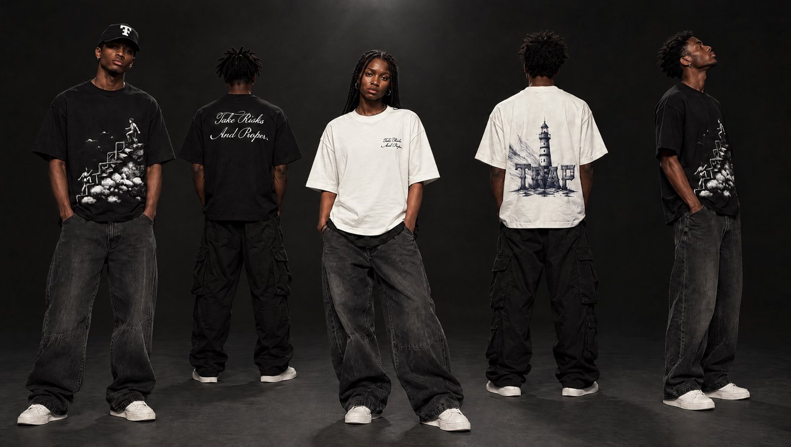 Shooting studio TRAP Drop 001 : cinq mannequins portent la casquette, le t-shirt noir et le t-shirt blanc, de face et de dos