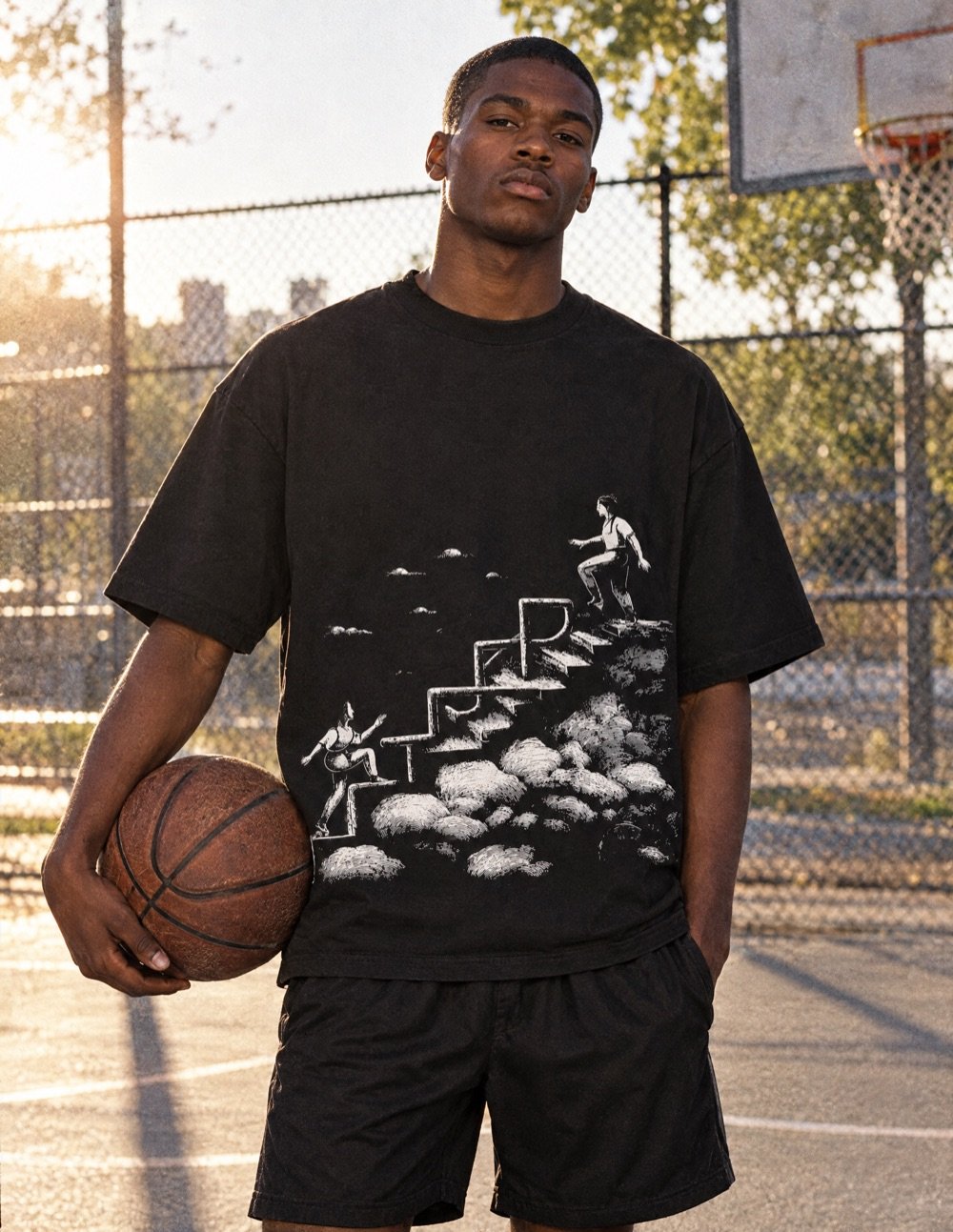 Jeune homme sur un terrain de basket, ballon à la hanche, en t-shirt TRAP noir