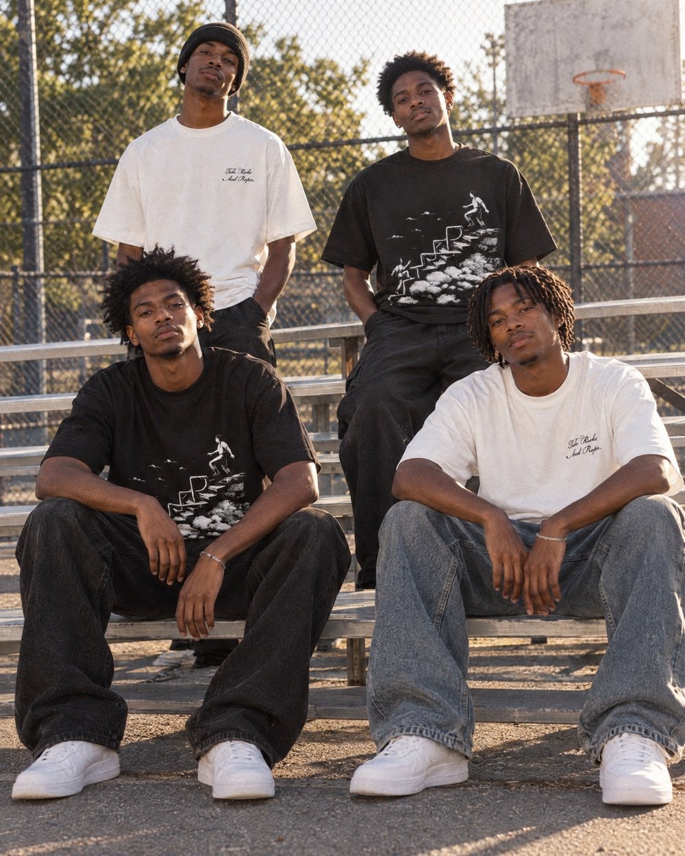Quatre amis dans les gradins d'un terrain de basket, en t-shirts TRAP noirs et blancs