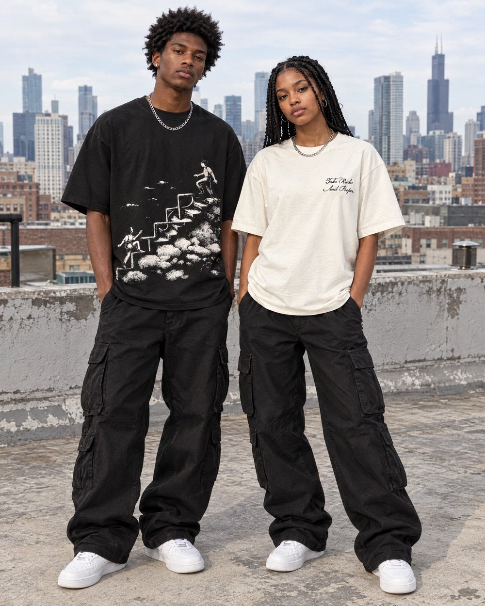 Un homme et une femme sur un toit au coucher du soleil, en t-shirts TRAP noir et blanc